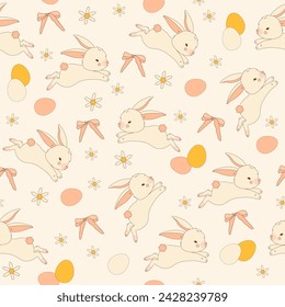 Retro groovy Easter Seamless Pattern doodle drawing on pastel background. Bunny, sweets, flowers, eggs.