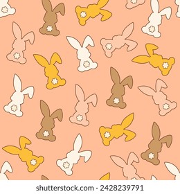 Retro groovy Easter Seamless Pattern doodle drawing on pastel background. Bunny, sweets, flowers, eggs.