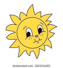 Retro groovy easter sun mascot in trendy cartoon 60s 70s style. Old classic cartoon style. Cute sun. Flat vector illustration in yellow colors.