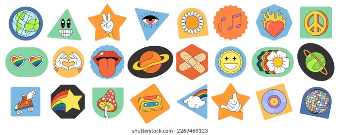 Retro groovy element set. Funny psychedelic hippie cartoon badge collection. Vintage hippy crazy various elements sticker pack. Abstract 60s, 70s trendy y2k pop culture style design. Isolated vector