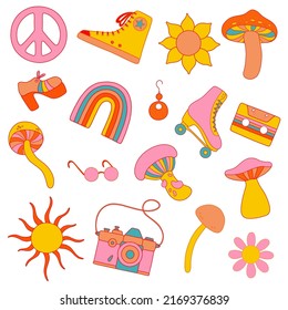 Retro groovy elements, 1970 vibe, cute hippy stickers: сassette, earring, magic mushrooms, shoes, sunglasses, rollers, camera, gumshoes, sun, daisy, pacific sign, rainbow, sunflower.