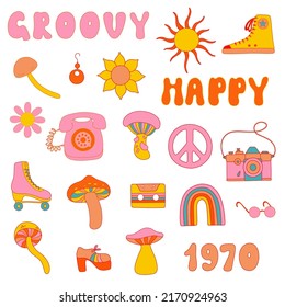 Retro groovy elements from 1970 vibe, cute hippy stickers: сassette, earring, magic mushrooms, shoes, old phone, sunglasses, rollers, camera, gumshoes, sun, daisy, pacific sign, rainbow, sunflower.