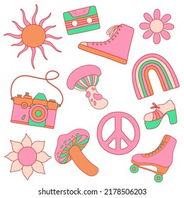 Retro groovy elements with 1970 vibe for cute hippy stickers: сassette, magic mushrooms, shoes, rollers, camera, gumshoes, sun, daisy, pacific sign, rainbow, sunflower.