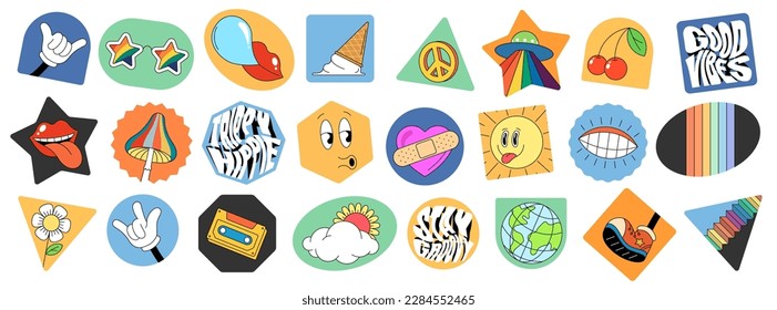 Retro groovy elements sticker pack. Funny psychedelic hippie cartoon label collection. Vintage hippy crazy various badge set. Abstract 60s, 70s trendy y2k pop culture style design. Isolated eps vector