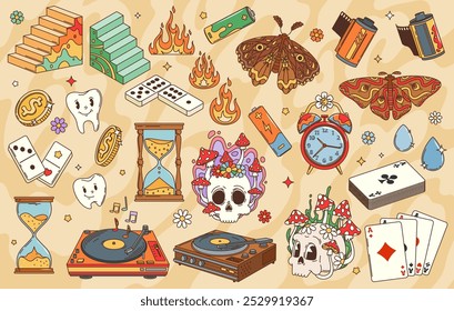 Retro groovy elements and symbols. Vector hippie flowers, butterflies and mushrooms, vintage record players and cartoon psychedelic skulls. Funky playing cards, coins, domino tiles and camera films