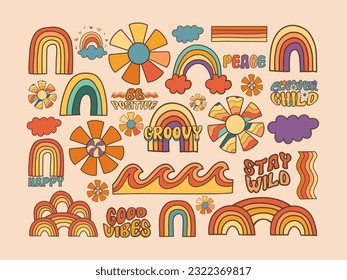 Retro groovy elements vector set; hippie, flower, rainbow, peace, happy, daisy; trendy retro psychedelic cartoon style