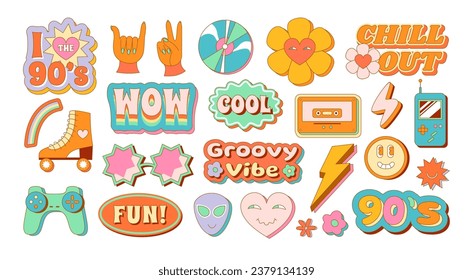 Plantillas de emblema retro groovy. Pegatinas inspiradas en el Pastel 90, elementos de refrigeración y vectores frescos conjunto de ilustración de emblema de etiqueta de moda