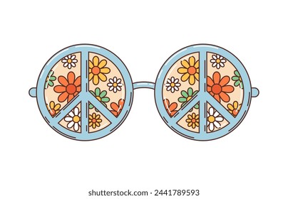 Retro groovy eyewear sunglasses exude vintage hippie vibe, featuring round frames adorned with vibrant peace signs and daisy flowers, encapsulating the spirit of the 60s and 70s hippy counterculture