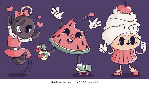 Retro groovy face character. Funny vintage smile comic mascot with watermelon and cupcake. Crazy music food festive design for 90s disco graphic branding. Trippy and positive dance illustration