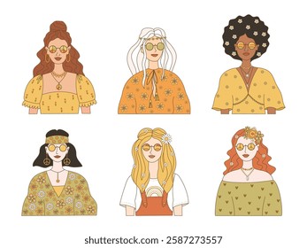 Retro groovy face collection of hippie girls in sunglasses, with flowers on their hair isolated on white background. Set portraits of women in the style of 60s, 70s. Vector illustration