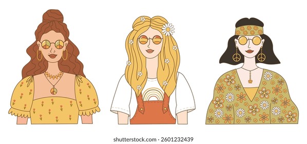Retro groovy face collection of hippie girls in sunglasses, with flowers on their hair isolated on white background. Set portraits of women in the style of 60s, 70s. Vector illustration
