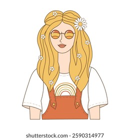 Retro groovy face of hippie girl in sunglasses, with flowers in her hair on white background. Portrait of women in the style of 60s, 70s. Vector illustration