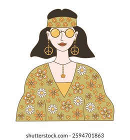 Retro groovy face of hippie girl in sunglasses on white background. Portrait of women in the style of 60s, 70s. Vector illustration