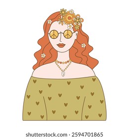 Retro groovy face of hippie girl in sunglasses, with flowers in her hair on white background. Portrait of women in the style of 60s, 70s. Vector illustration