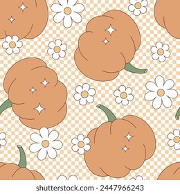 Retro groovy farm veggies orange pumpkin with daisy flowers on checkerboard vector seamless pattern. Hand drawn natural organic healthy food vegetables fruit floral background.