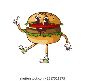 Retro groovy carácter de hamburguesa de comida rápida. Vector de dibujos animados aislado retro sabrosa hamburguesa fastfood personaje con una carne y lechuga, mostrando pulgares hacia arriba con una amplia sonrisa, exuda fresco funky 60s 70s vibe