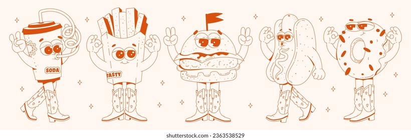 Retro groovy fast food characters set. Trendy cartoon style 60s - 70s. Hamburger, french fries, donut, hot dog, and soda dressed in cool cowboy boots. Vector illustration in monochrome red palette.