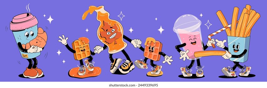 Retro groovy fast food characters set. Trendy modern style 60s - 70s. Coffee with a croissant, egg with bacon, waffles and maple syrup. Retro vector illustration. Mascots for bar and restaurant