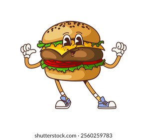 Retro groovy fast food cheeseburger character with funny face, cartoon vector. Groovy cheeseburger with funky smile and cool gesture for fast food burgers emoji and silly character in retro cartoon