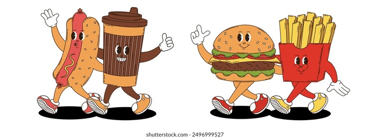 Retro groovy fast food and coffee characters set. Coffee, hotdog,  hamburger, fries.