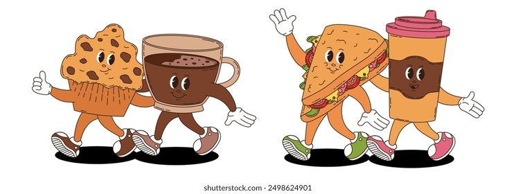 Retro groovy fast food, desserts and coffee characters set. Coffee, cupcake, sandwich.