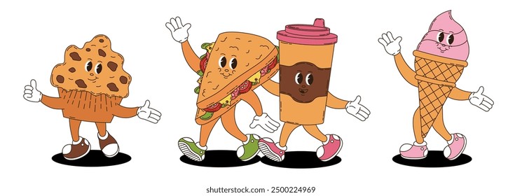 Retro groovy fast food, desserts and coffee characters set. Coffee, cupcake,  ice cream, sandwich.