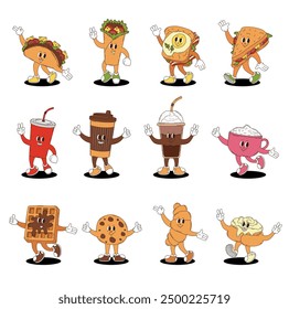 Retro groovy fast food, desserts and coffee characters set. Soda, coffee, burrito, taco, sandwich, waffles, bun, ice cream, cookie, croissant. 