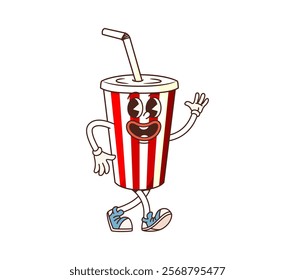 Retro groovy fast food soda drink character with funny face, cartoon vector. Groovy soda drink cup with drinking straw and happy smile with Hi gesture for fast food beverage cartoon emoji character