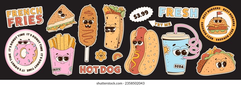 Retro groovy fast food sticker and patches set. Trendy cartoon characters style 60s - 70s. Hamburger, burrito, taco, french fries, corn dog and more. Retro vector illustration.