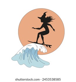 Retro groovy female witch silhouette on the crest of a wave on surfboard in sunset vector illustration isolated on white. Hand drawn line art drawing style woman in witch hat surfing in front of sun