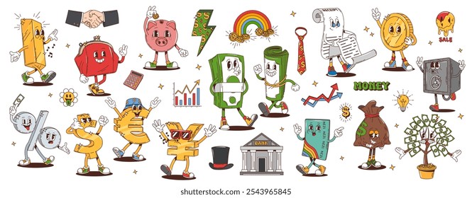 Retro groovy finance characters, psychedelic hippy money and bank vector personages. Cartoon groovy cash coins, wallet, credit card and piggy bank. Hippie dollar, euro and yen currency symbols