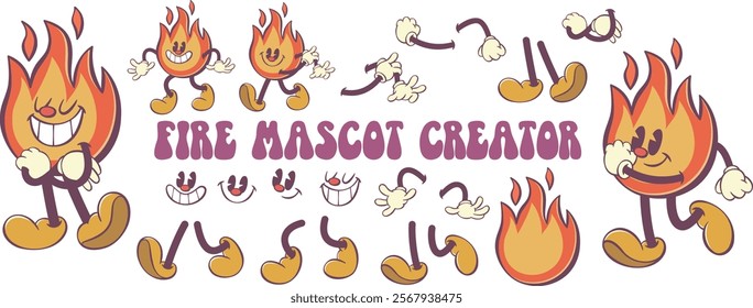 Retro groovy fire character creation kit, flame mascot parts, vintage cartoon character creator