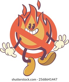 Retro groovy fire mascot, whimsical flame cartoon character