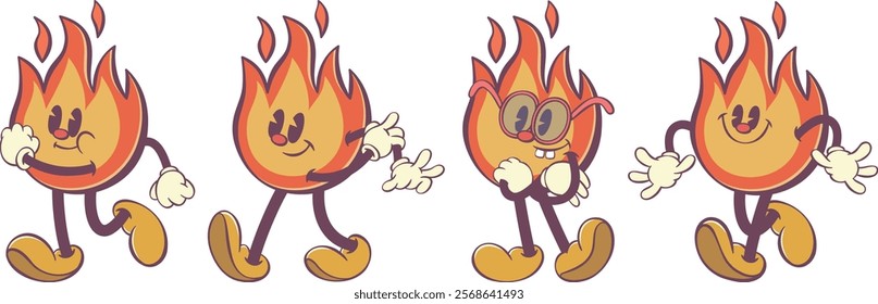 Retro groovy fire mascot, whimsical flame cartoon character