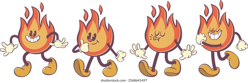 Retro groovy fire mascot, whimsical flame cartoon character