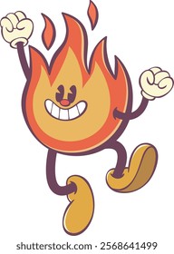 Retro groovy fire mascot, whimsical flame cartoon character