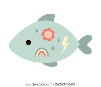 Retro groovy fish, cute cartoon sea character. Ocean hand drawn vector illustration in flat style