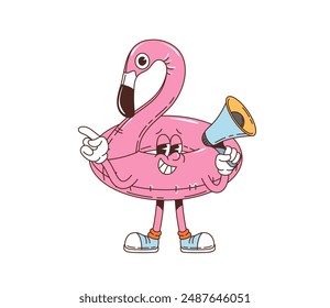 Retro groovy flamingo rubber floating ring character with a cheerful face, holding a megaphone and wearing sneakers. Isolated cartoon vector funky floater personage ready for safety in the pool or sea