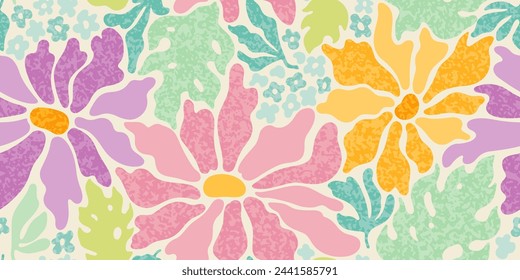 Retro groovy floral background. Abstract pattern with cute spring daisy flowers and leaves in y2k style with grunge texture. Vintage seamless pattern with psychedelic plants, vector illustration