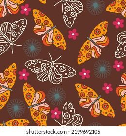 Retro Groovy Floral Butterflies Vector Seamless Pattern