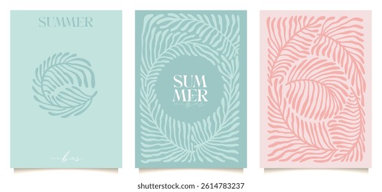 Retro groovy floral cards set in wavy and naive style. Organic shapes, vibrant palm leaves print for poster, social media or packaging. Botanic flat hand drawn vector illustration