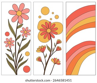 Retro groovy floral designs with abstract rainbow elements in warm tones
