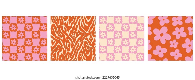 Retro groovy floral designs seamless pattern set. Pink, orange and strawberry red colour palette.