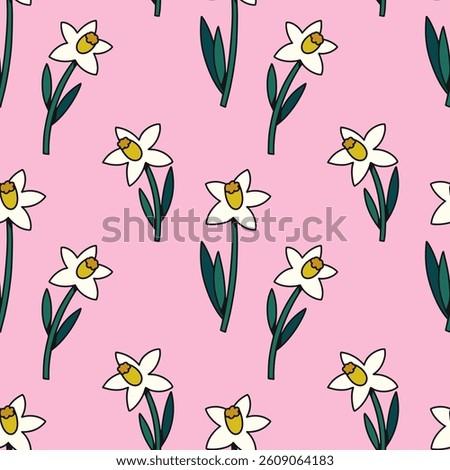 Retro groovy floral pattern with daffodils. Vector illustration.