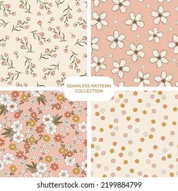 Retro groovy floral pattern set, collection of fun warm floral digital papers, repeating background. Cohesive collection of 4 seamless pattern prints