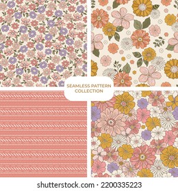 Retro groovy floral pattern set, collection of fun warm floral digital papers, repeating background. Cohesive collection of 4 seamless pattern prints