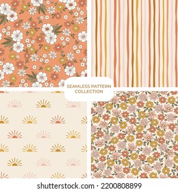 Retro groovy floral pattern set, collection of fun warm floral digital papers, repeating background. Cohesive collection of 4 seamless pattern prints