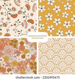 Retro Groovy Floral Pattern Set, Collection Of Fun Warm Floral Digital Papers, Repeating Background. Cohesive Collection Of 4 Seamless Pattern Prints