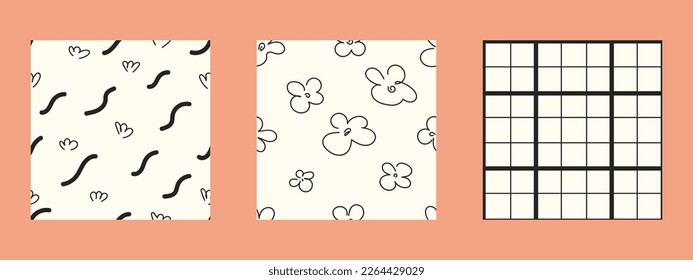 Conjunto retro groovy floral sin costuras. Flores de doodle naif y diseño de impresión simple a cuadros. Fondo abstracto repetitivo para tela, textil, papel pintado, envoltura. Textura vectorial chilena