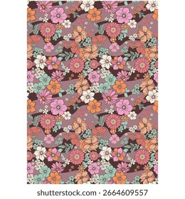Retro padrão floral sem costura groovy floral com grandes flores coloridas e folhas, vintage 70s ilustração vetor.